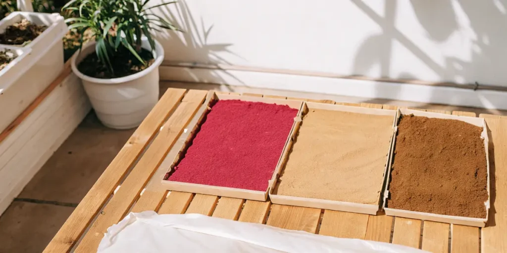 Top-down shot of various soil components in wooden trays, including sand, dark soil, and red granules, on a tiled floor.