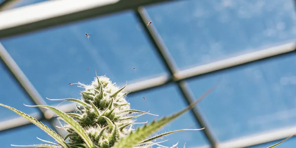 Close-up of a cannabis bud with small spider mites visible, against a bright blue sky through a greenhouse roof.