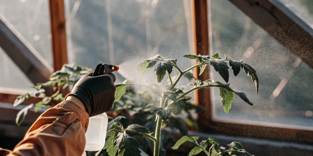 Close-up of a gloved hand spraying liquid onto a tomato plant in a greenhouse setting.