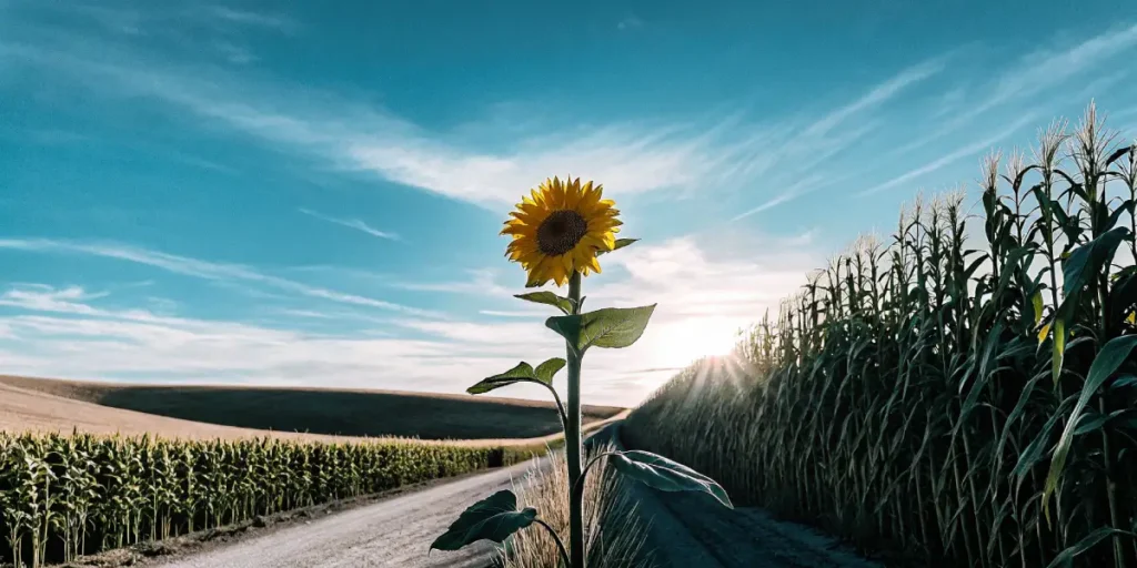 A lone sunflower plant on a dirt road between fields of corn, under a bright blue sky with wispy clouds.