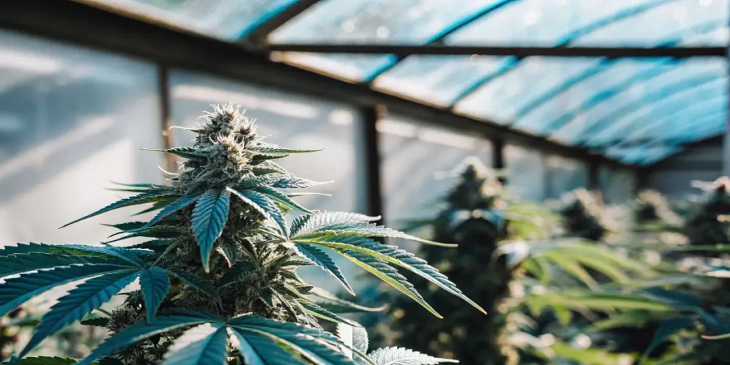 Close-up of a lush cannabis plant with dense bud, bathed in sunlight from a greenhouse roof against a blue sky.