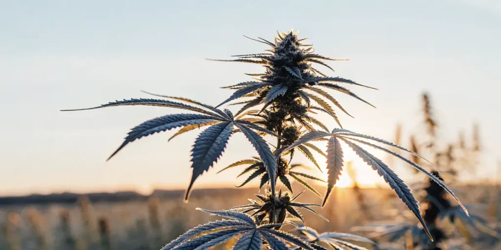 Cannabis plant with glistening pollen sacs and buds, backlit by a vibrant sunset over a field.