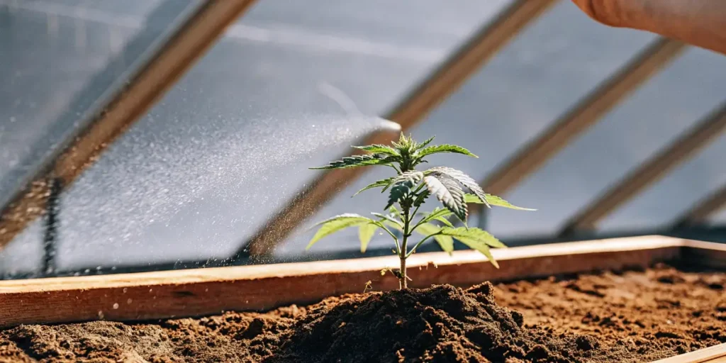 Close-up of a young cannabis seedling being watered in a grow bed, with spray visible, under a greenhouse roof.