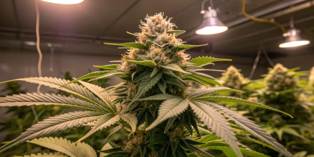 Watermelon Auto cannabis plant growing indoors under bright LED lights, showing lush green leaves and dense buds.