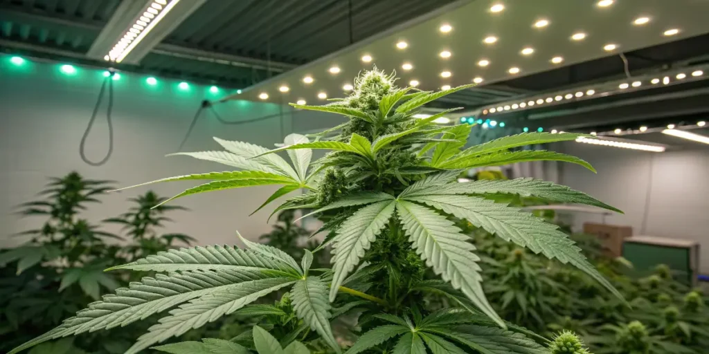 Watermelon Auto cannabis plant thriving indoors under LED grow lights with vibrant green leaves and forming buds.