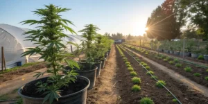 Watermelon Auto cannabis plants growing in large pots outdoors at sunrise, surrounded by rows of young plants.