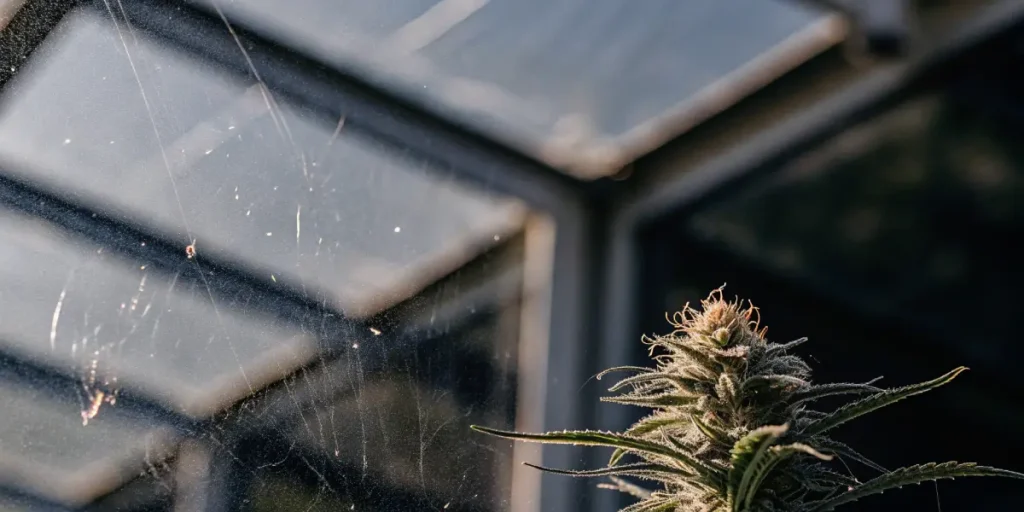 Close-up of a cannabis bud with fine webbing and a few small spots, against a sunlit greenhouse window.