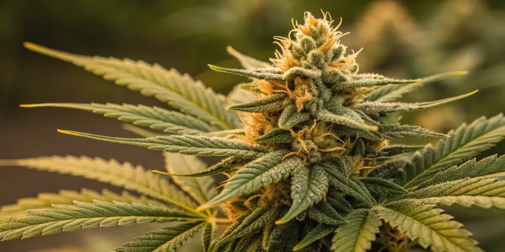 acapulco cannabis plant with frosty buds and bright orange hairs in focus.