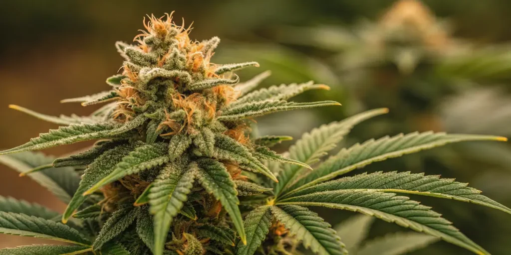 acapulco gold cannabis bud with golden trichomes and orange pistils in sunlight.