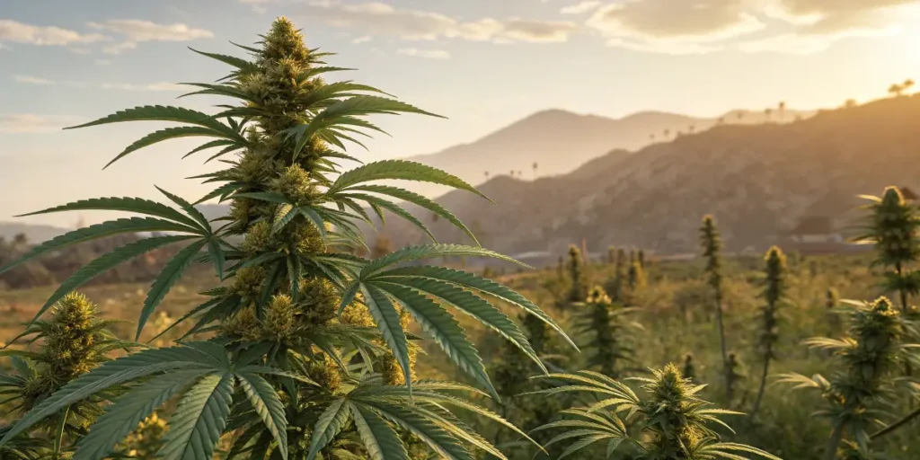 acapulco gold cannabis plants growing outdoors at sunset with mountains in the background.