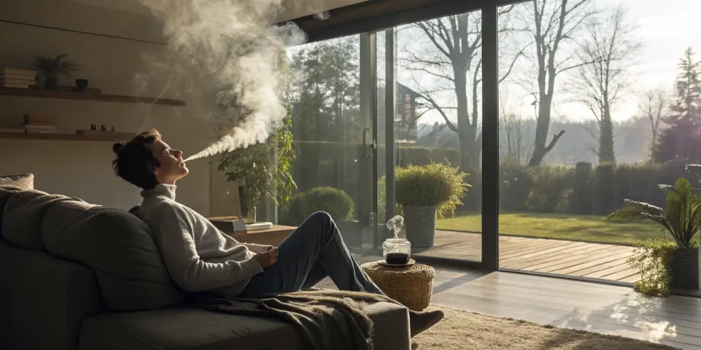 Smoker using activated carbon filters while relaxing in a modern living room.
