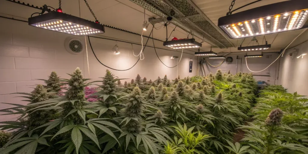 modern cannabis grow room with multiple LED panels and healthy plants.