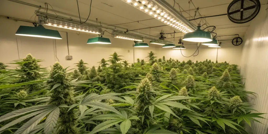 Indoor grow room filled with mature Afghan Kush Auto plants under bright grow lights.