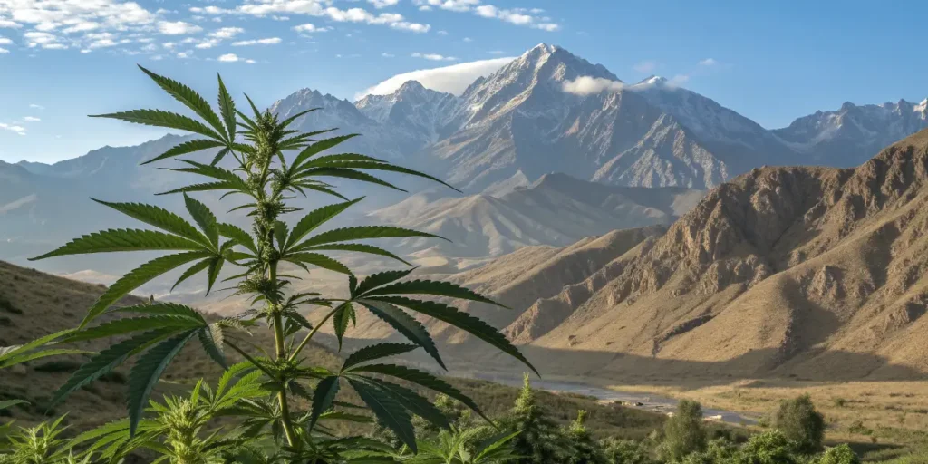 Afghan Kush Auto cannabis plant in an outdoor valley surrounded by the Hindu Kush mountains.
