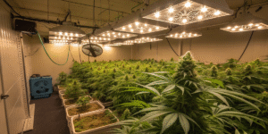 Flowering Alien OG plants thriving in an indoor grow room with advanced lighting.