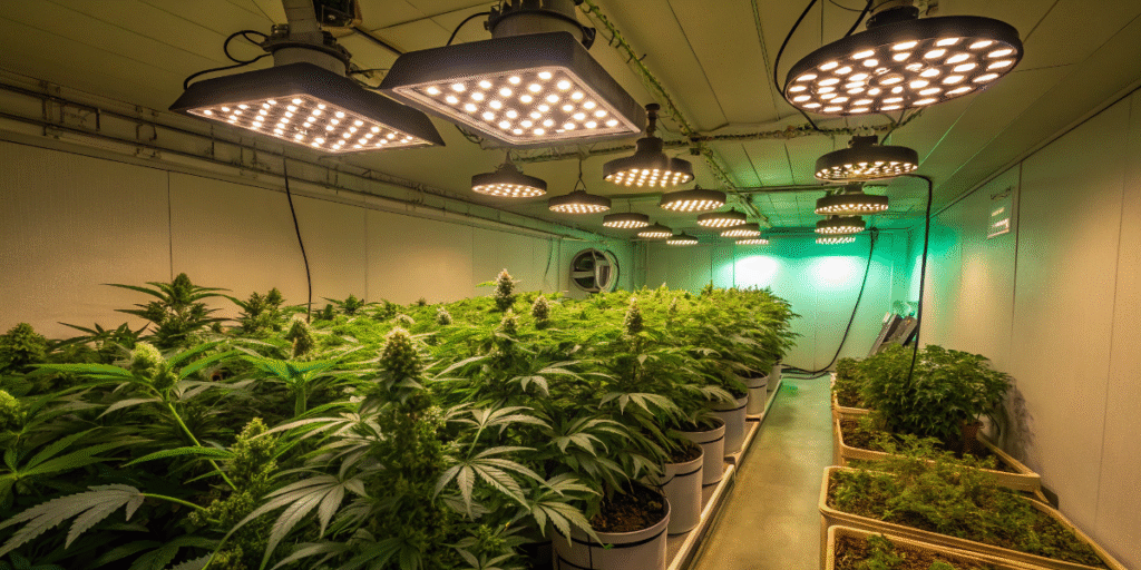 Alien OG cannabis plants growing indoors under LED grow lights in a modern cultivation setup.
