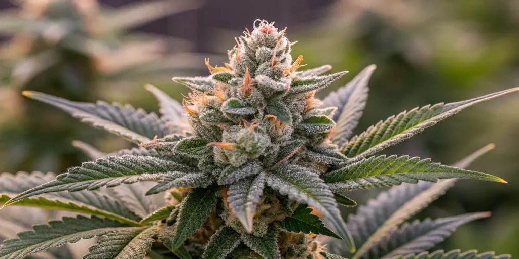 Close-up of an Alien Rock Candy cannabis bud covered in frosty trichomes and orange pistils.
