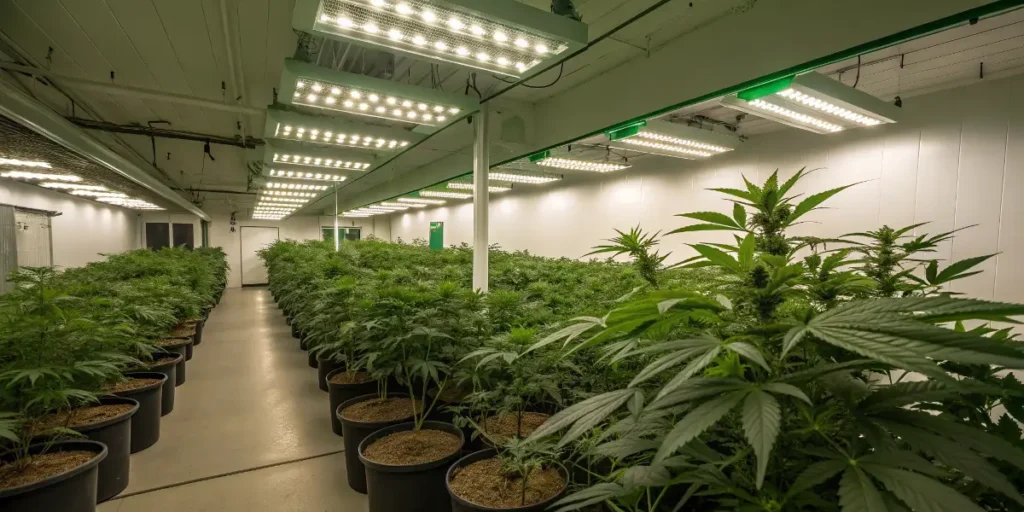 Indoor grow room cultivating Alien Rock Candy cannabis under LED lights with lush green plants.