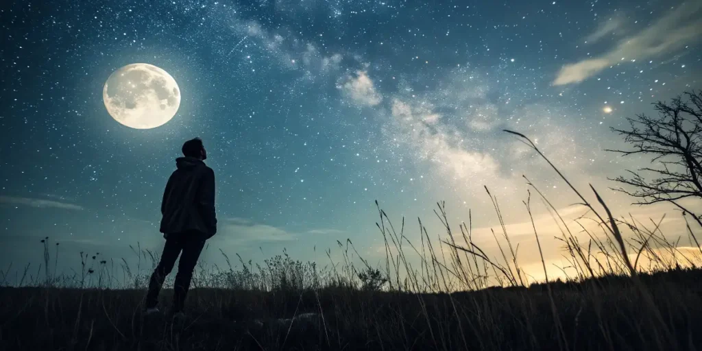 person standing under starry sky and bright moon in open field.