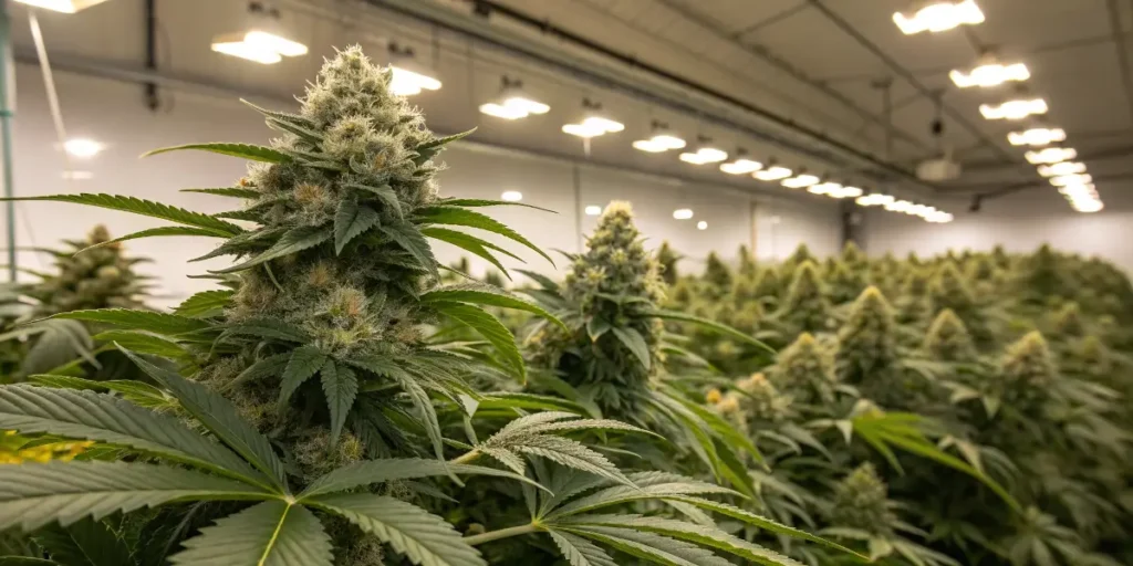 Amnesi K Lemon cannabis plants with large resinous buds growing indoors under LED lighting.