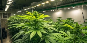 Amnesi K Lemon cannabis plants growing indoors under LED lights with bright green leaves.