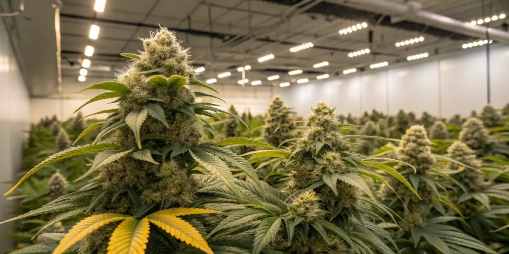 Close-up of Amnesi K Lemon cannabis buds in the flowering stage under LED lights.
