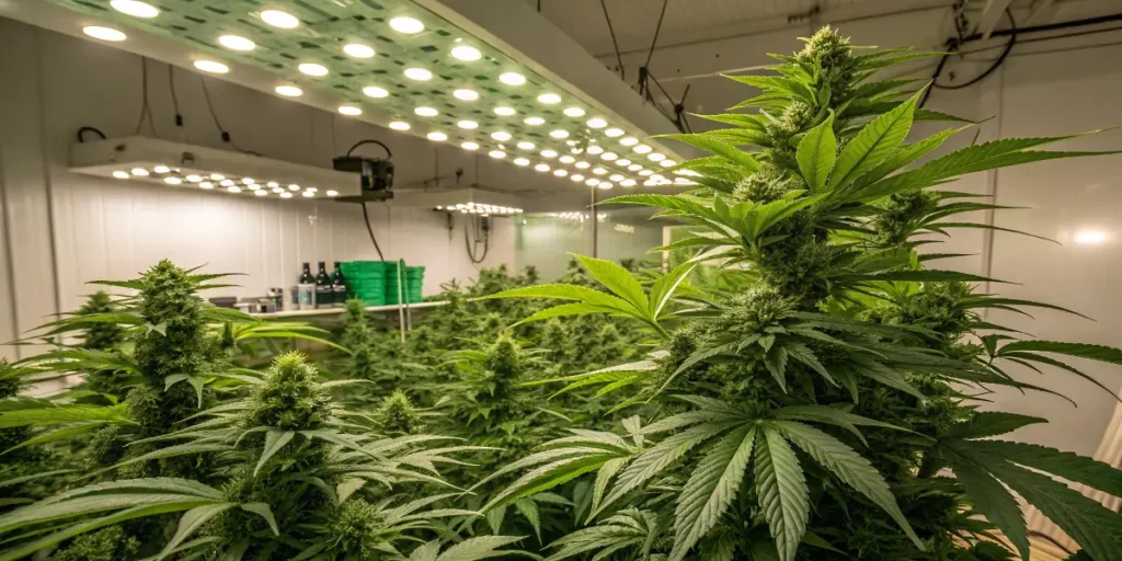 Indoor cannabis grow room with Amnesi K Lemon plants illuminated by LED grow lights.