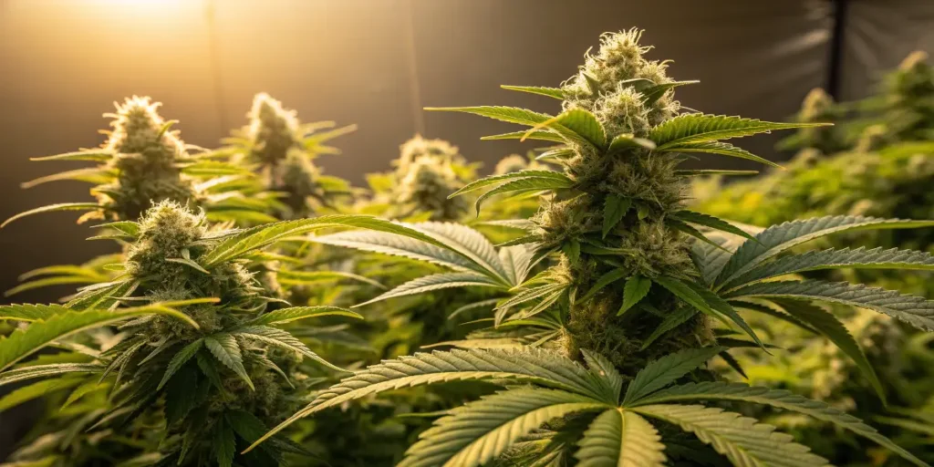 Close-up of Amnesia Haze Auto cannabis buds during the flowering stage under warm light.