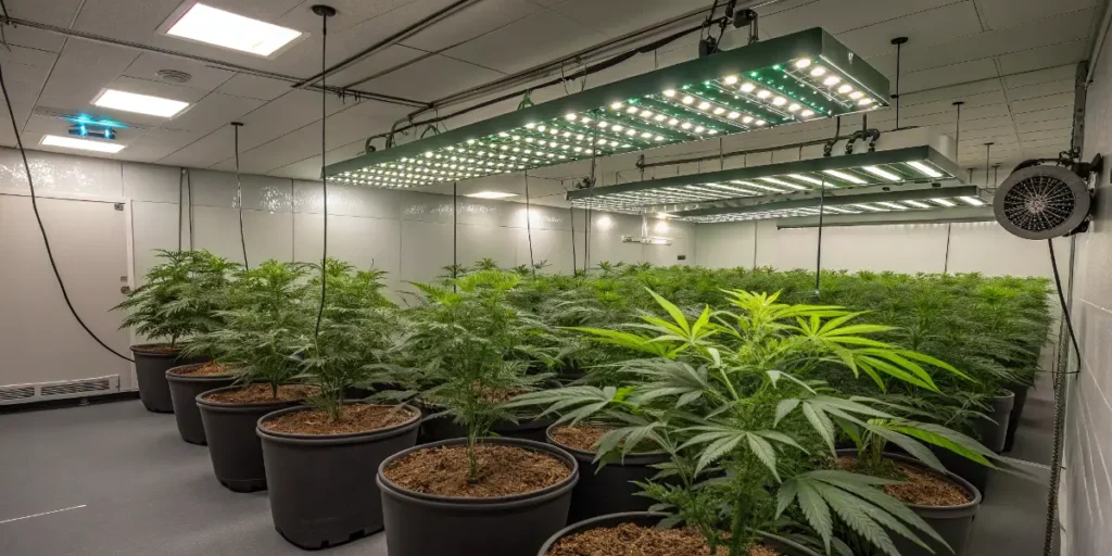 Indoor grow room with young Amnesia Haze Auto cannabis plants under LED lights.