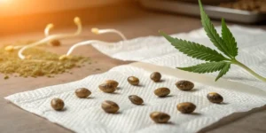 Amnesia Haze Auto cannabis seeds germinating on paper towels with a cannabis leaf nearby.