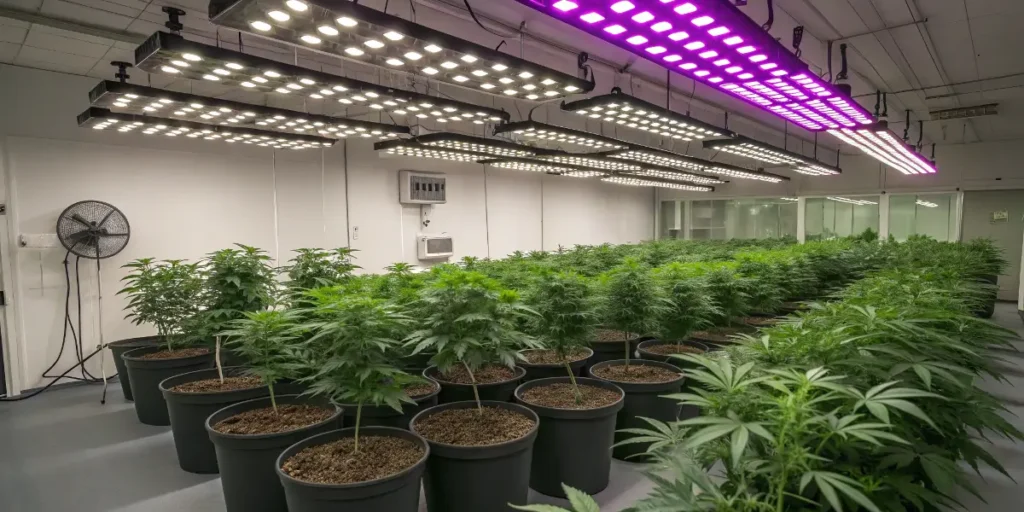 Amnesia Haze Auto cannabis plants growing indoors under LED and full-spectrum lights.