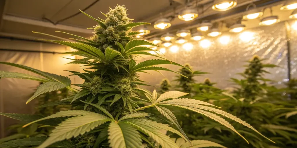 Indoor grow room with Amnesia Lemon cannabis plants during the flowering stage.