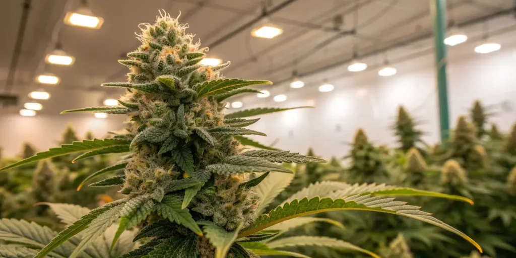 Amnesia Lemon cannabis plants growing indoors under professional LED lighting.