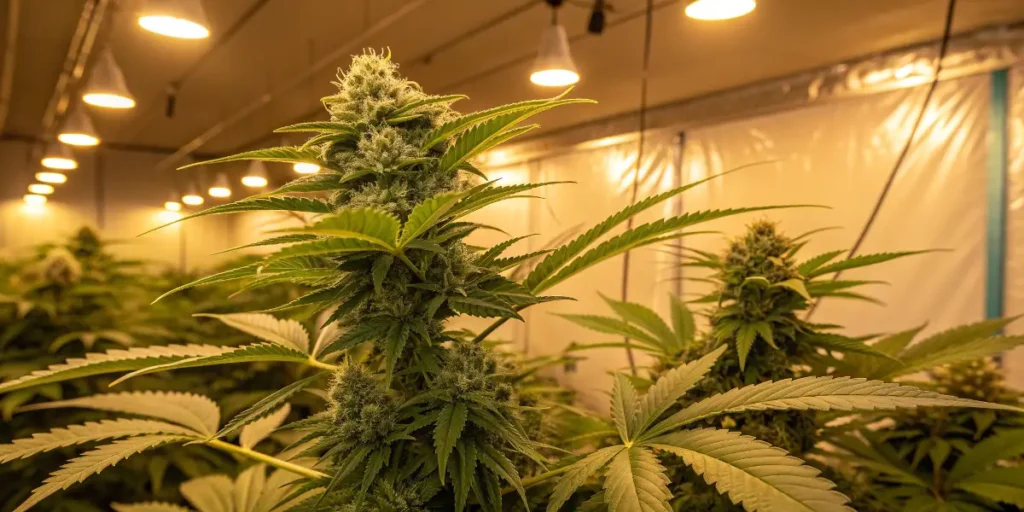 Amnesia Lemon cannabis plant in the flowering stage under warm indoor lighting.