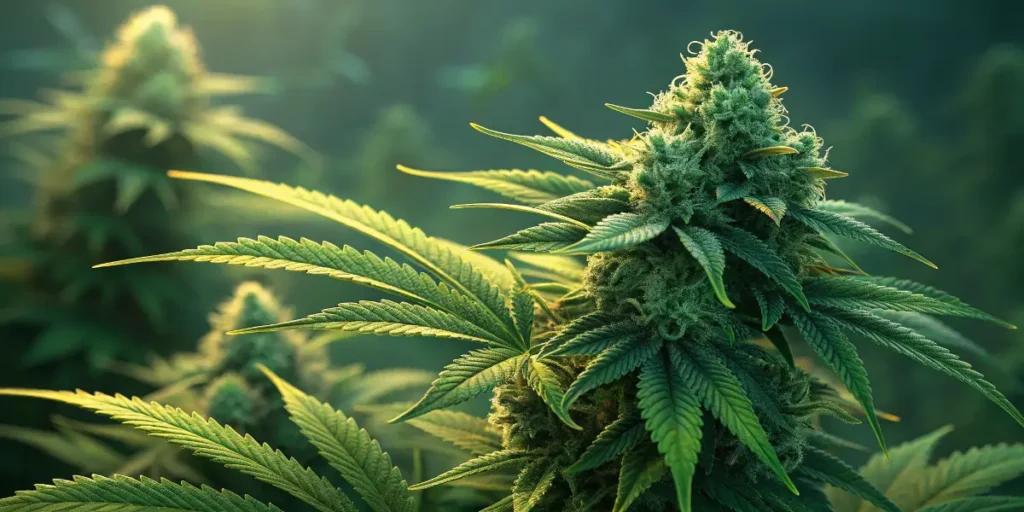 Close-up of Amsterdam Amnesia cannabis bud covered in frosty trichomes and vibrant green leaves.