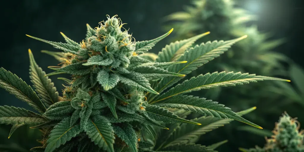 Close-up of Amsterdam Amnesia cannabis bud with frosty trichomes and vibrant green leaves.