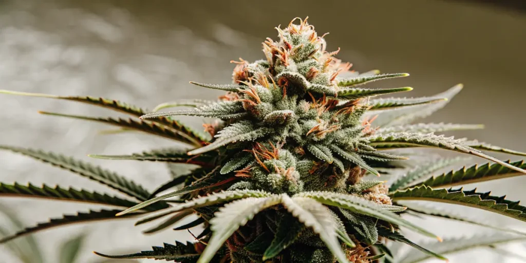 Close-up of Apple Fritter Auto cannabis bud covered in frosty trichomes.