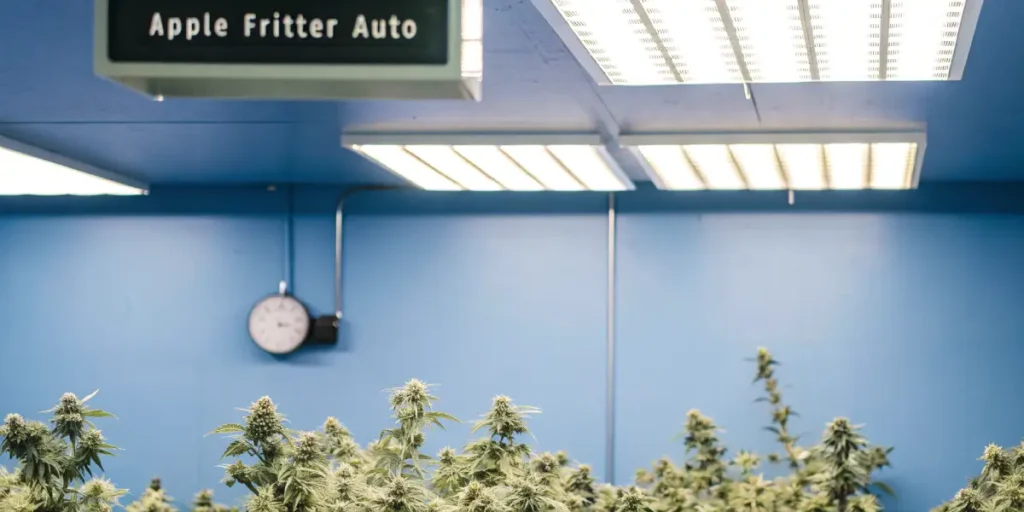 Apple Fritter Auto cannabis plants flourishing in a blue-walled grow room.