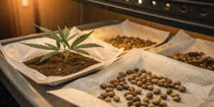 Auto Jack Herer seedling sprouting in soil beside trays of cannabis seeds under warm light.