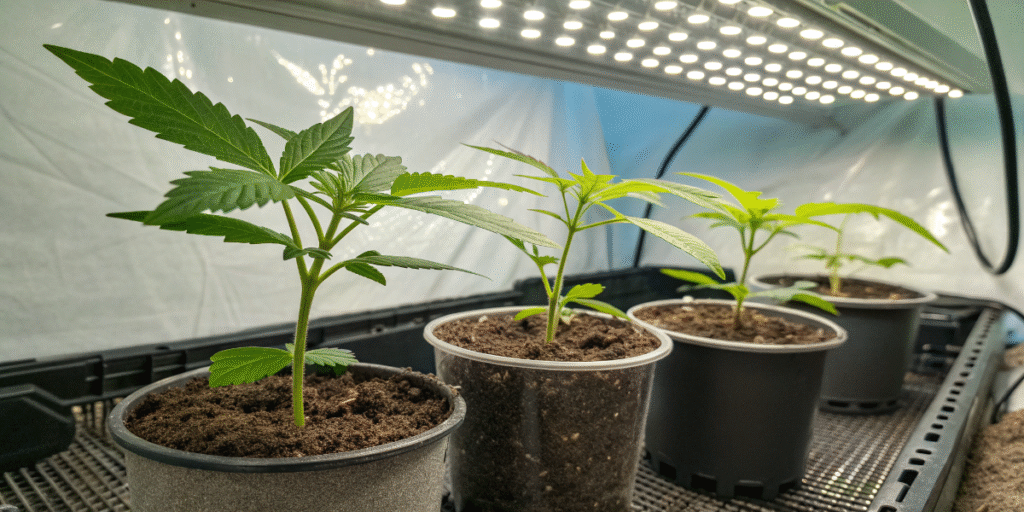 Auto Jack Herer seedlings growing in pots under LED grow lights.