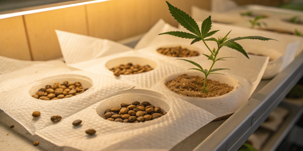 Auto Jack Herer young plant growing beside germinating cannabis seeds under grow light.