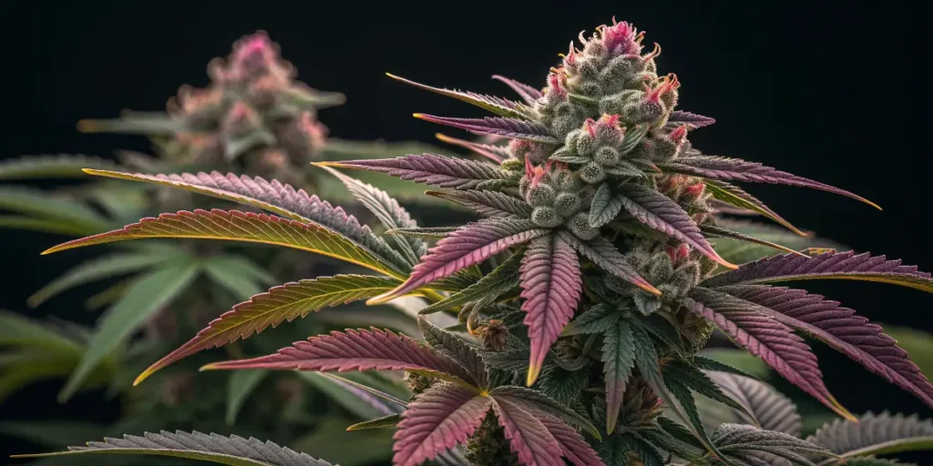 Close-up of Baby Boom Auto cannabis plant in flowering stage with purple leaves and dense buds.