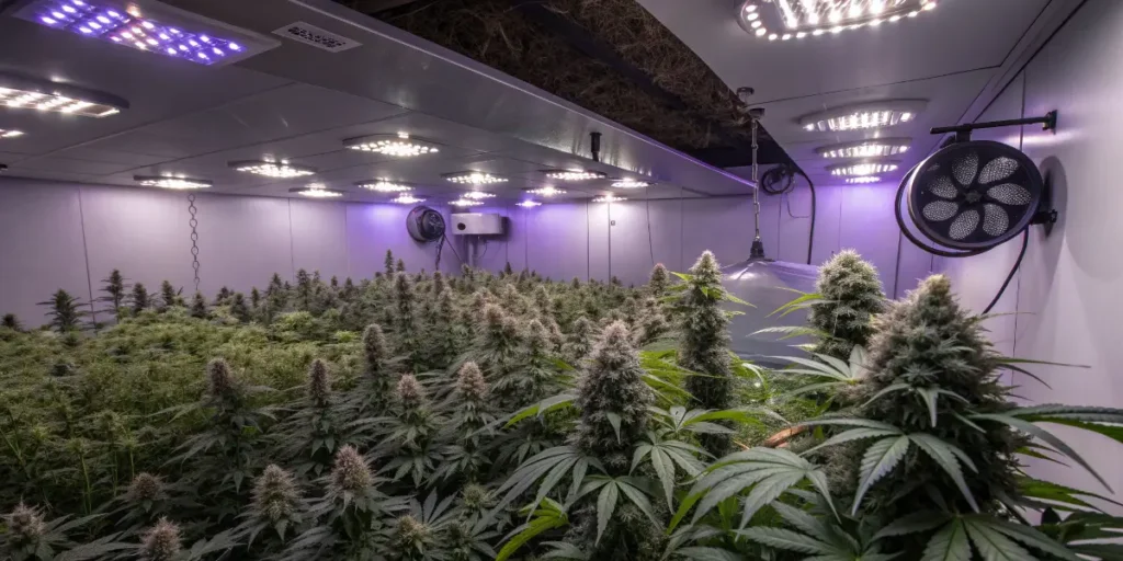 Indoor grow room filled with Baby Boom Auto cannabis plants under LED lights.
