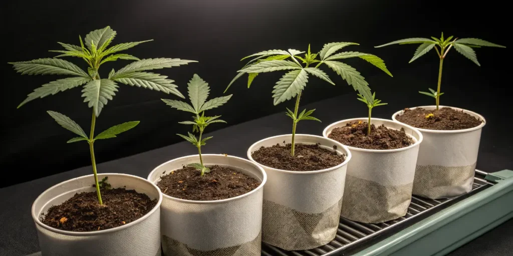 Baby Boom Auto young plants growing in pots under controlled light.