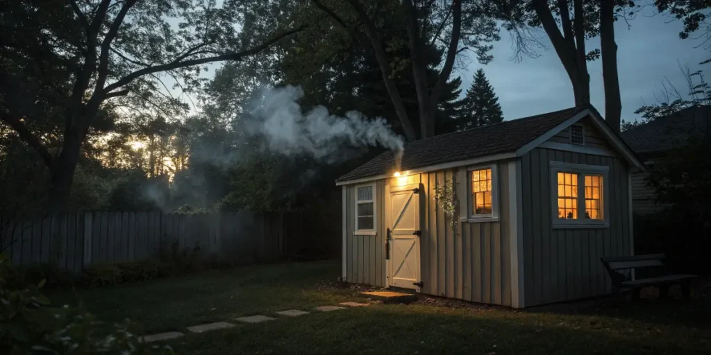 smoke coming from a small backyard shed illuminated at dusk.