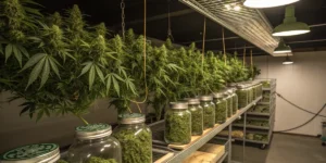 Banana Kush Cake Auto plants drying in a controlled environment with jars of cured buds.