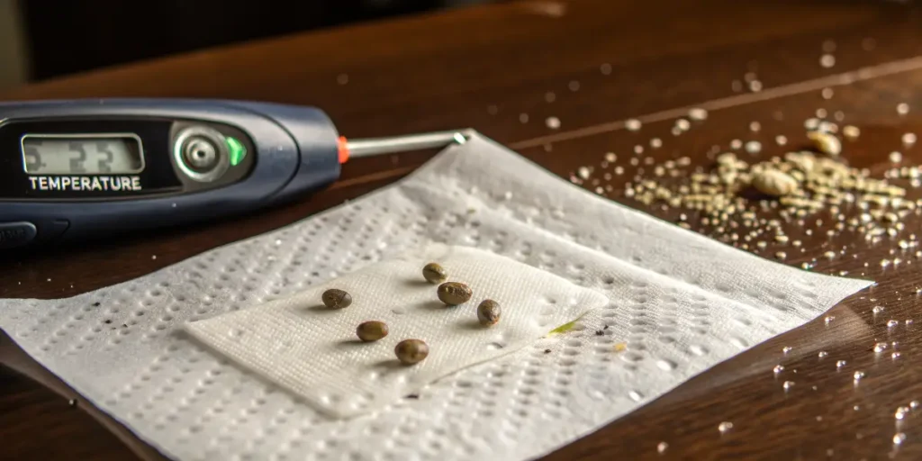 Banana Kush Cake Auto seeds germinating on paper towel with thermometer.