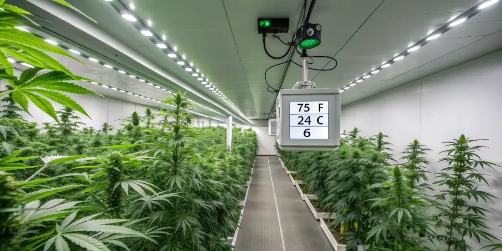 Close view of BC Diesel cannabis plants thriving in a controlled indoor grow room.