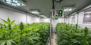 Indoor cannabis cultivation room with healthy BC Diesel plants under LED lights.