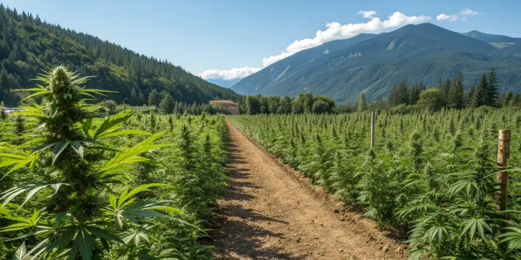 Lush bc diesel cannabis plants growing in a sunny mountain valley with clear blue sky and green forests.
